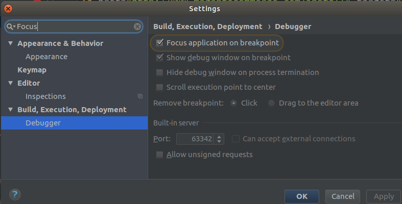 PhpStorm Settings: Focus application on breakpoint